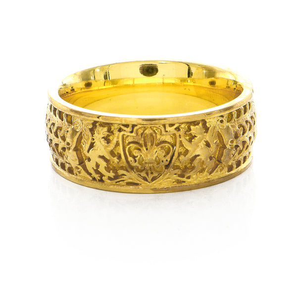 8mm Custom Made, Dome Shaped Solid Yellow Gold Ring with Medieval Style Engravings, Shield, Fleur-de-Lis and Two Wolves