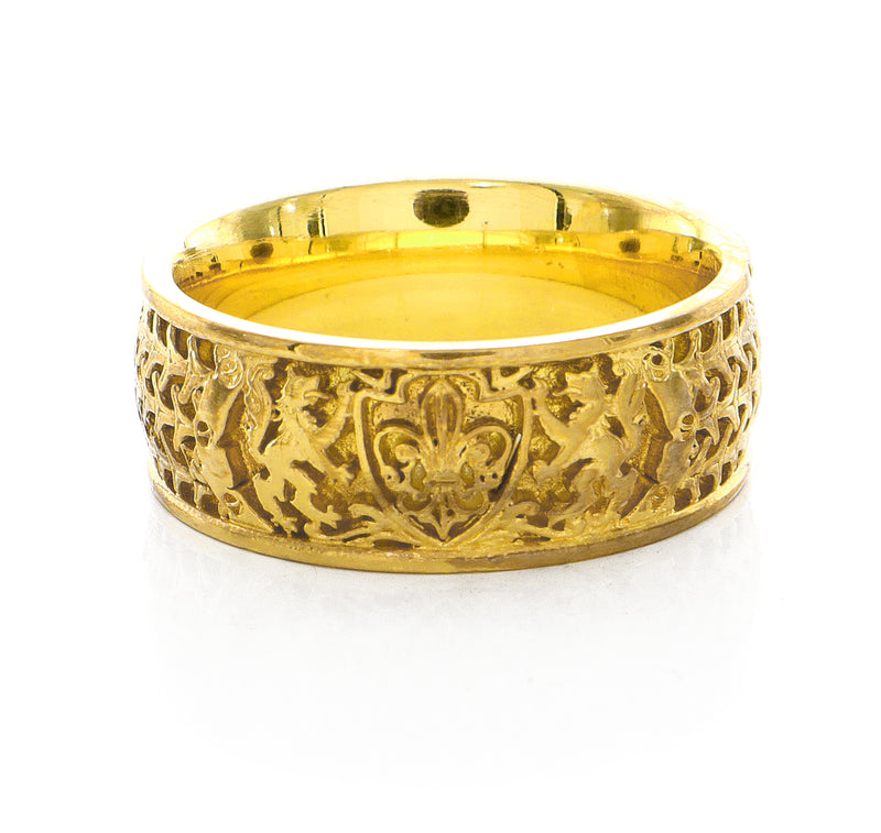 8mm Custom Made, Dome Shaped Solid Yellow Gold Ring with Medieval Style Engravings, Shield, Fleur-de-Lis and 2 Wolves