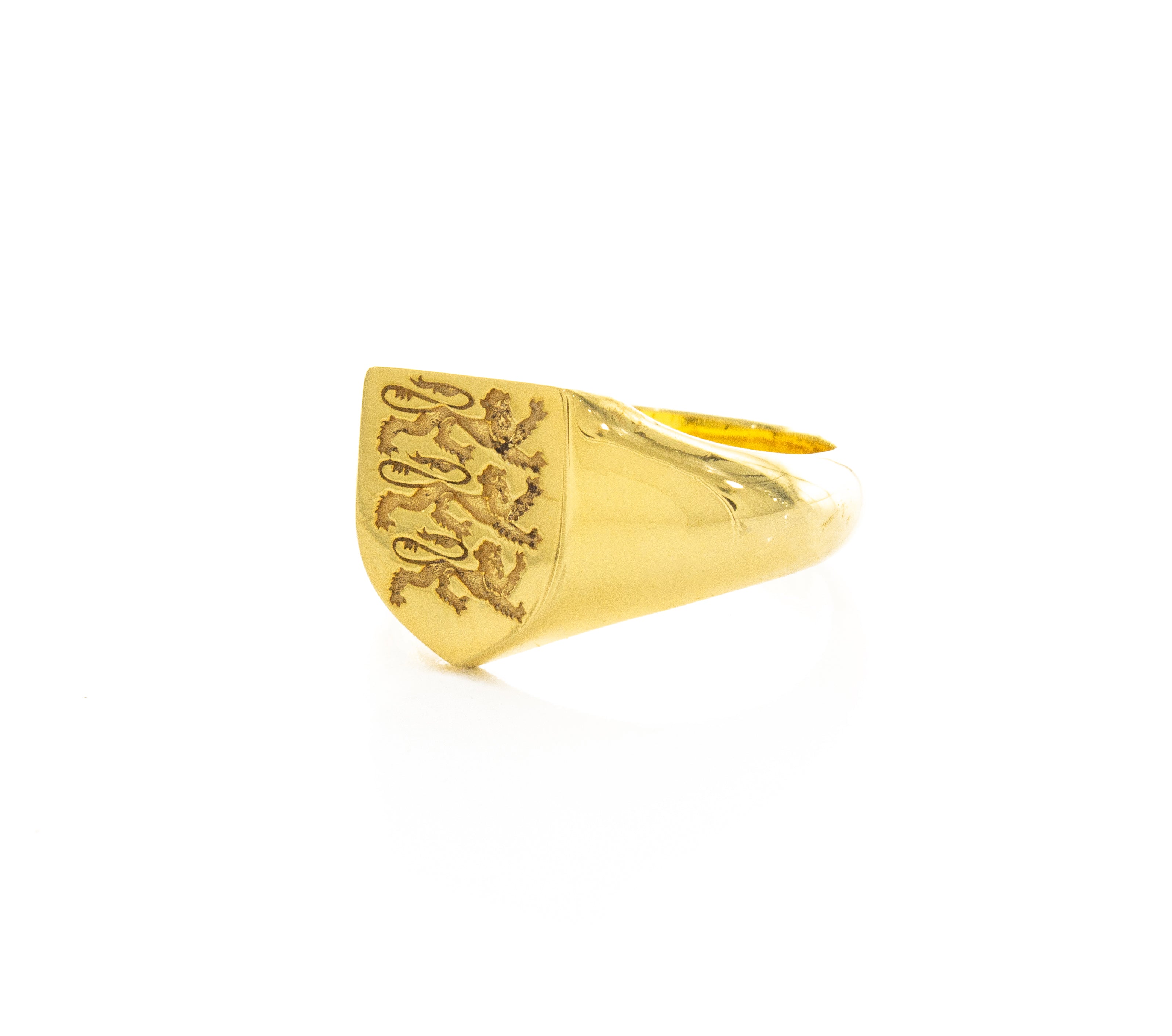 English Coat of Arms Wax Seal Signet Ring, 14k Solid Yellow Gold Ring with Three Heraldic Lions