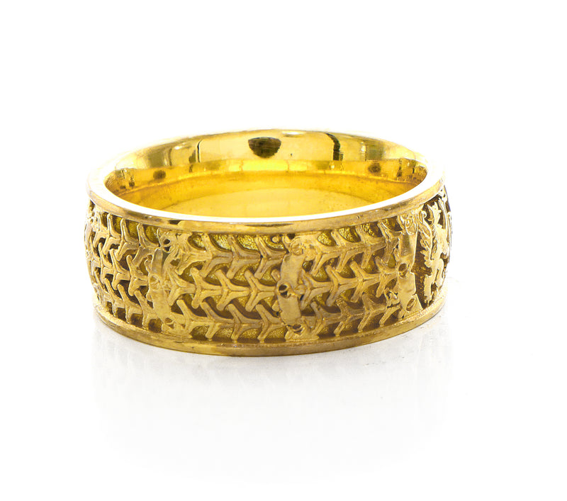 8mm Custom Made, Dome Shaped Solid Yellow Gold Ring with Medieval Style Engravings, Shield, Fleur-de-Lis and Two Wolves