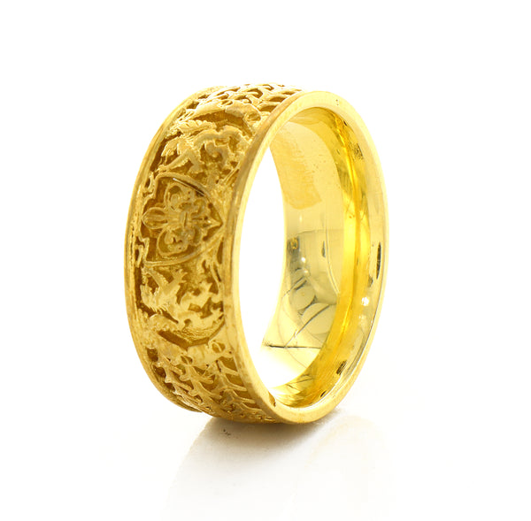 8mm Custom Made, Dome Shaped Solid Yellow Gold Ring with Medieval Style Engravings, Shield, Fleur-de-Lis and Two Wolves