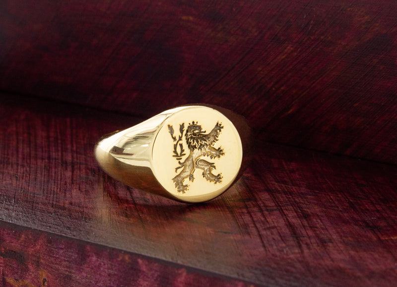 Heraldic Lion Wax Seal Signet Ring, 14k Solid Yellow Gold Ring with Medieval Lion