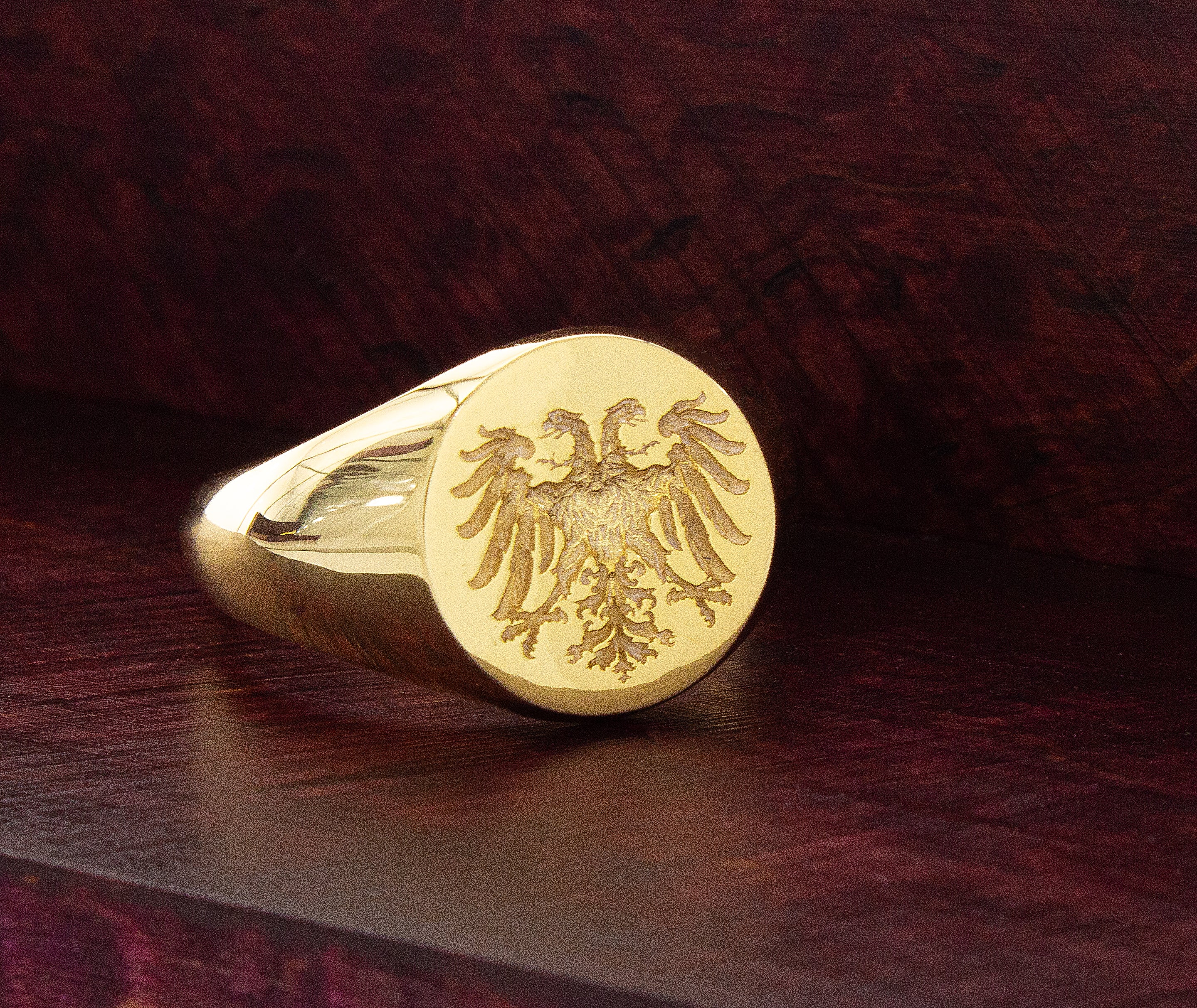 Holy Roman Empire Wax Seal Signet Ring, 14k Solid Yellow Gold Ring with Double Headed Eagle