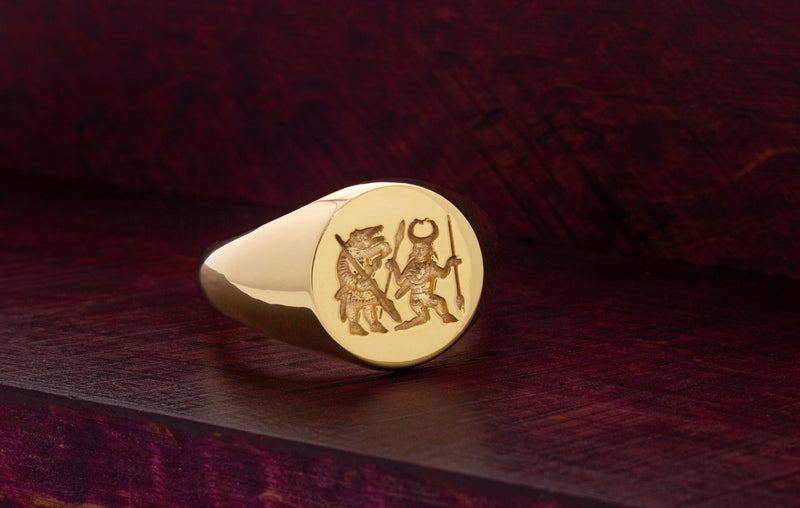 Viking Torslunda Berserker Wax Seal Signet Ring, 14k Solid Yellow Gold Ring