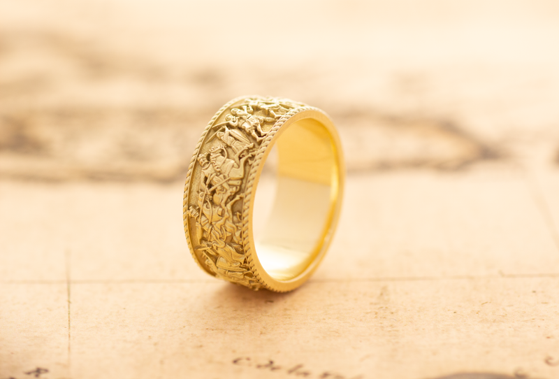 10mm Custom Made, Dome Shaped, Solid Yellow Gold Ring with Medieval Battlefield Depiction