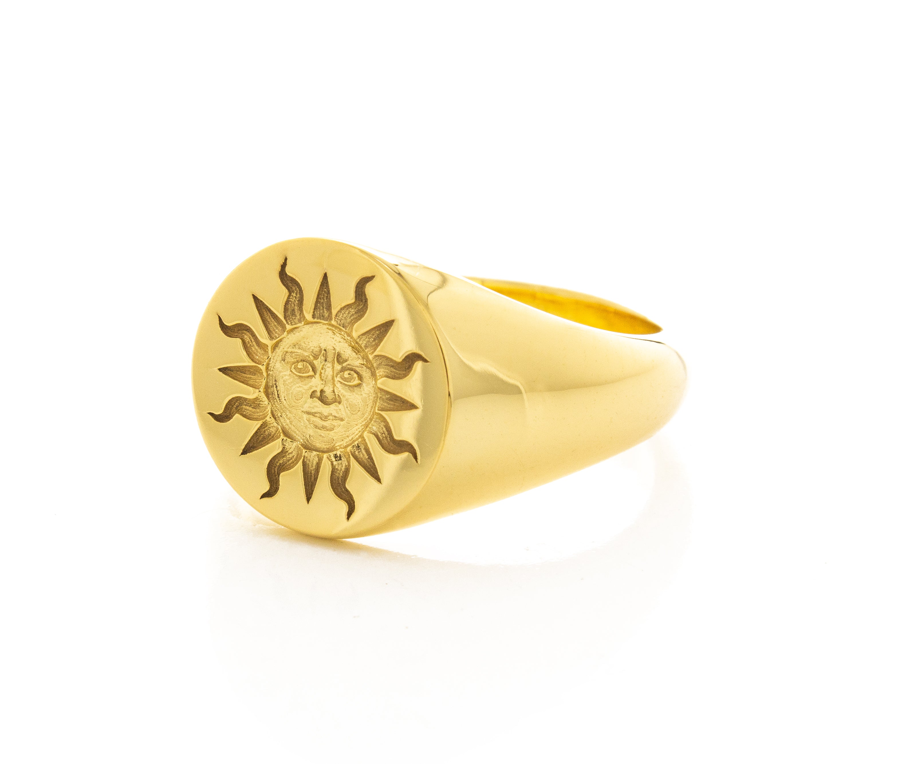 Sun Face Wax Seal Signet Ring, 14k Solid Yellow Gold Ring