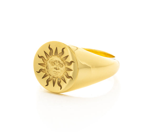 Sun Face Wax Seal Signet Ring, 14k Solid Yellow Gold Ring
