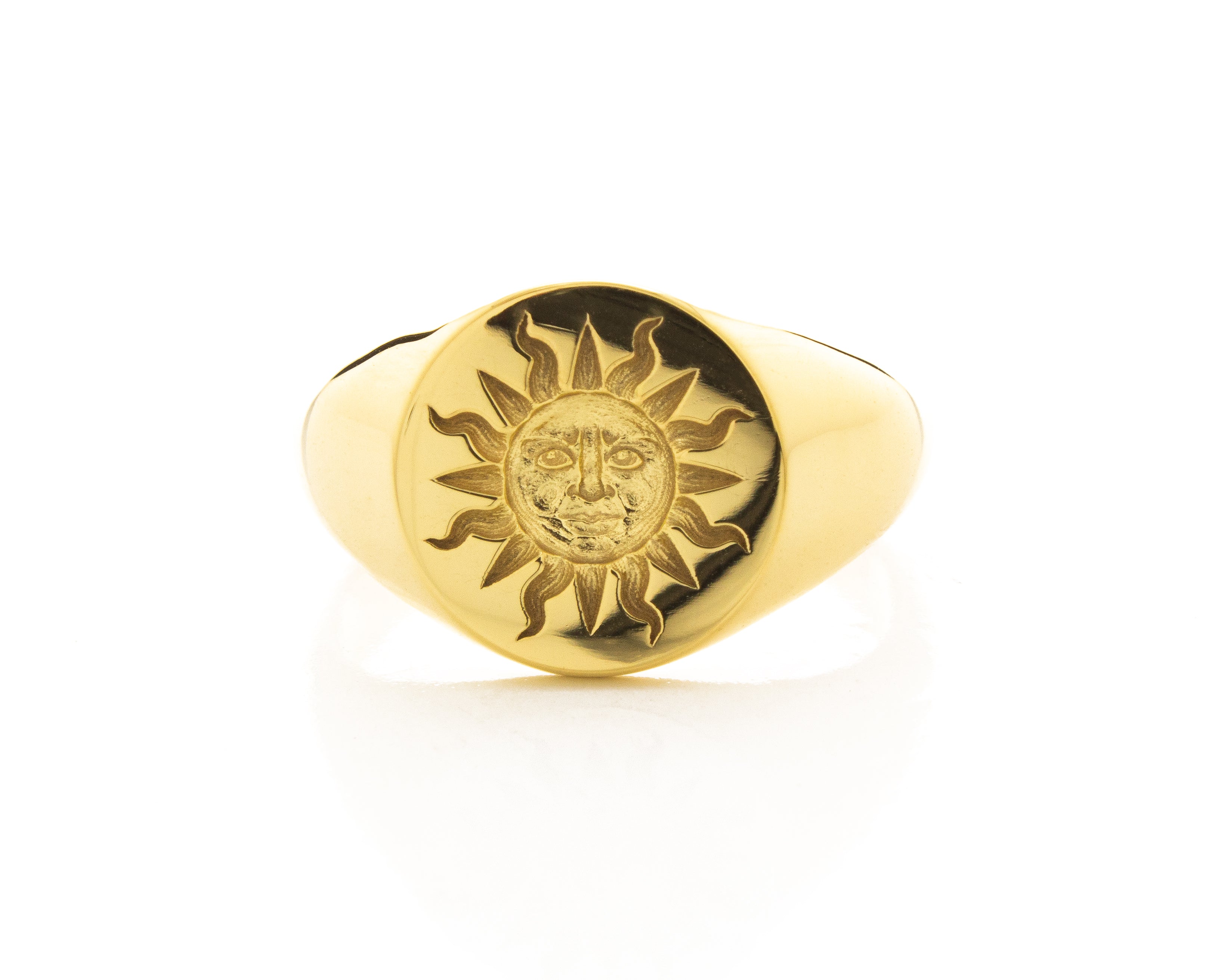 Sun Face Wax Seal Signet Ring, 14k Solid Yellow Gold Ring