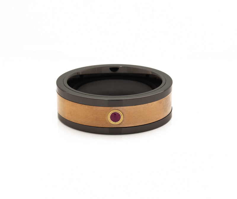 8mm Custom Made Flat Shaped Tungsten Ring with Rose Gold Exterior, Polished Black Interior and Edges, and Square Shaped Ruby