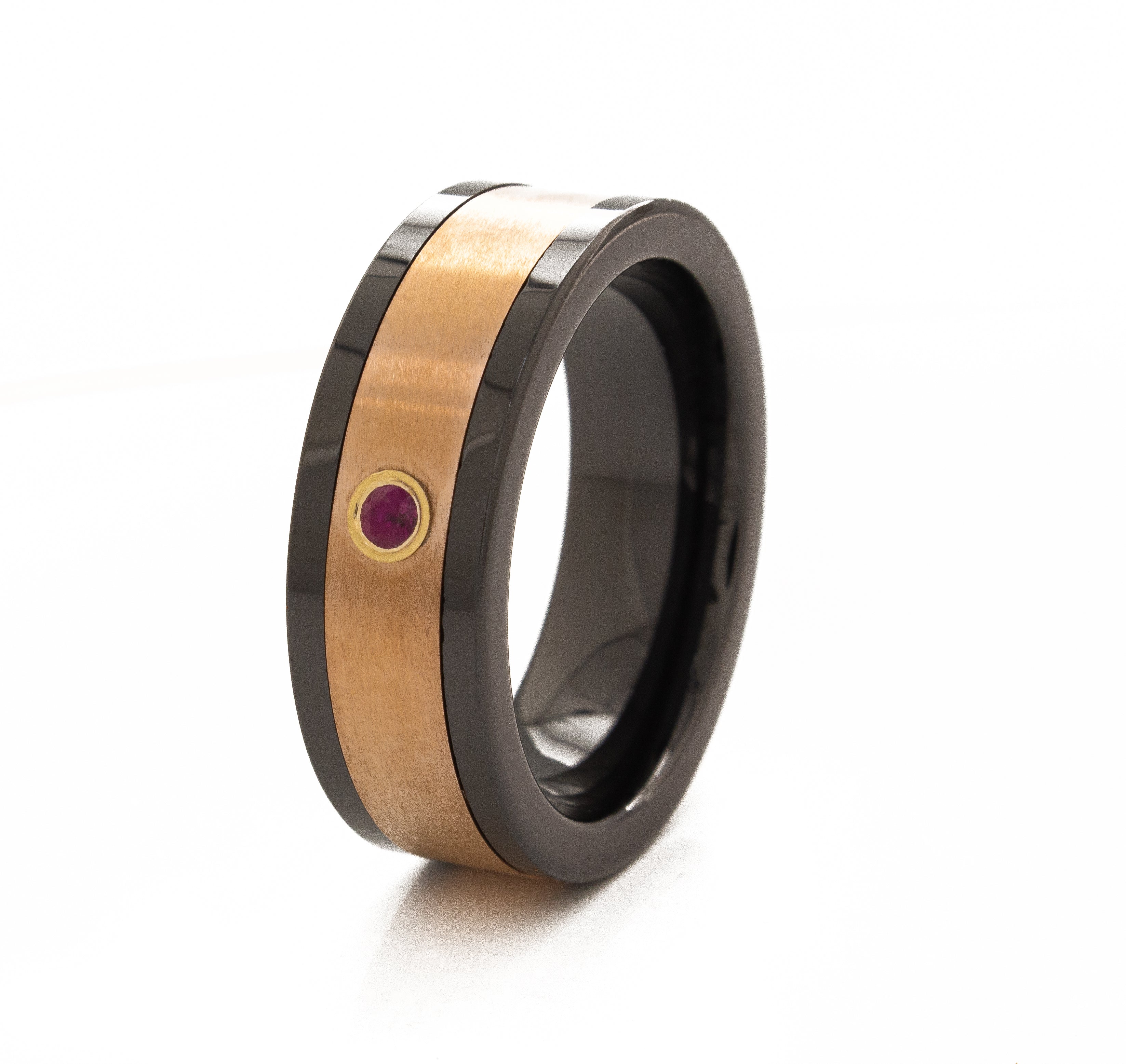 8mm Custom Made Flat Shaped Tungsten Ring with Rose Gold Exterior, Polished Black Interior and Edges, and Square Shaped Ruby