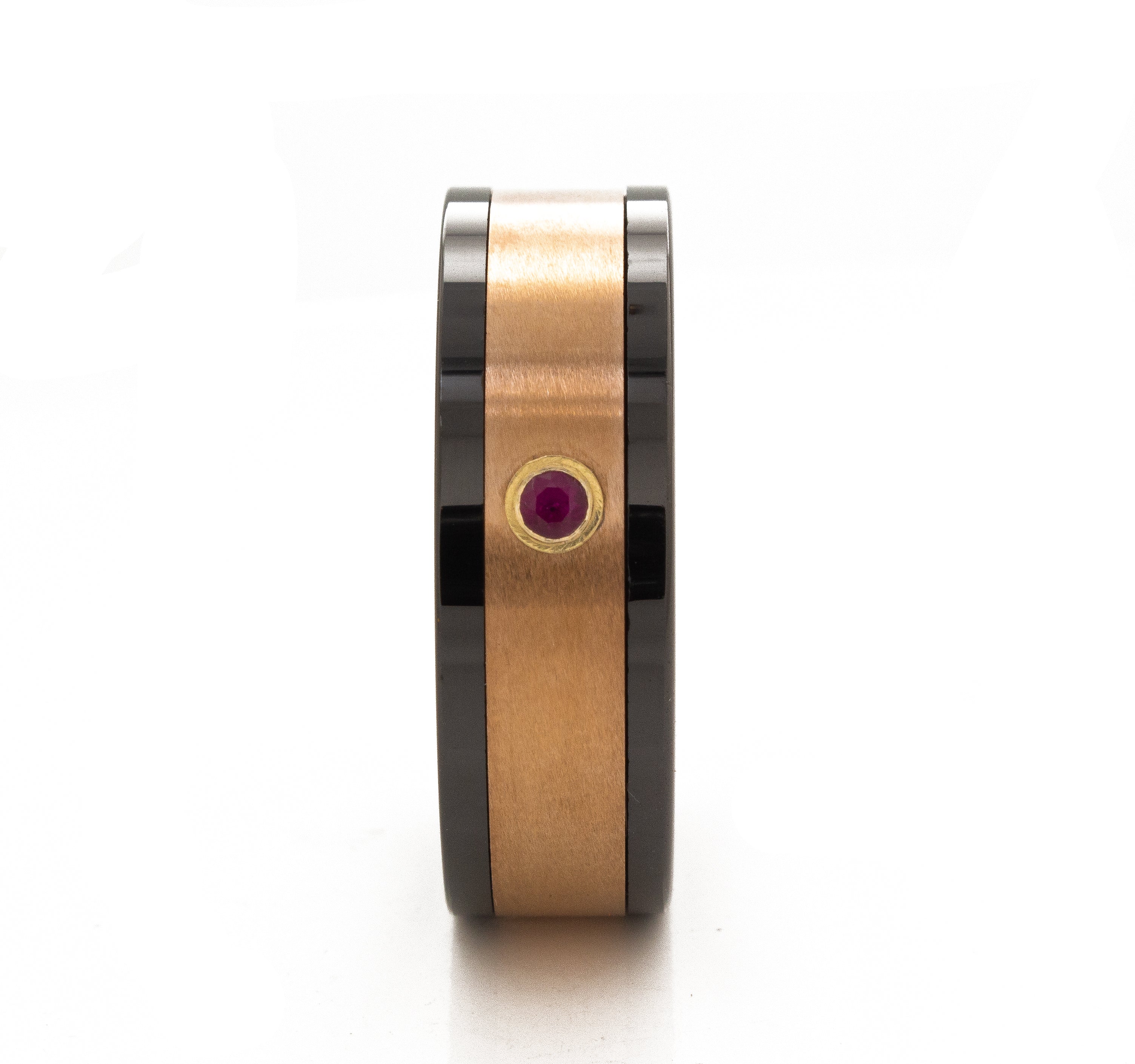 8mm Custom Made Flat Shaped Tungsten Ring with Rose Gold Exterior, Polished Black Interior and Edges, and Square Shaped Ruby