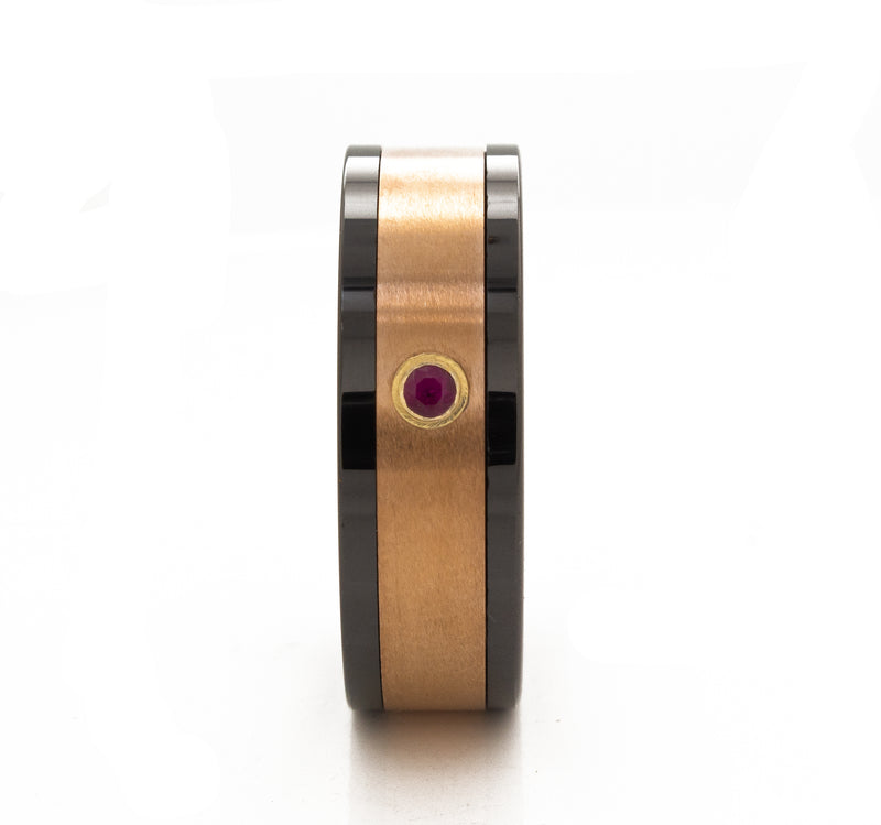 8mm Custom Made Flat Shaped Tungsten Ring with Rose Gold Exterior, Polished Black Interior and Edges, and Square Shaped Ruby
