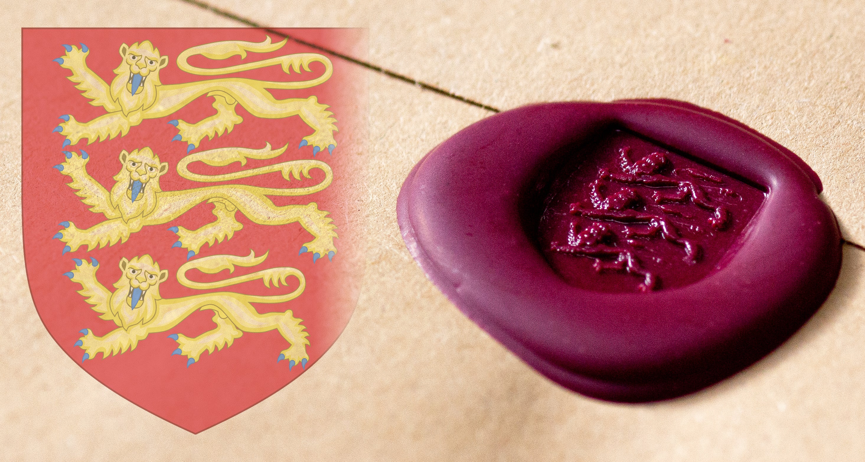 English Coat of Arms Wax Seal Signet Ring, 14k Solid Yellow Gold Ring with Three Heraldic Lions