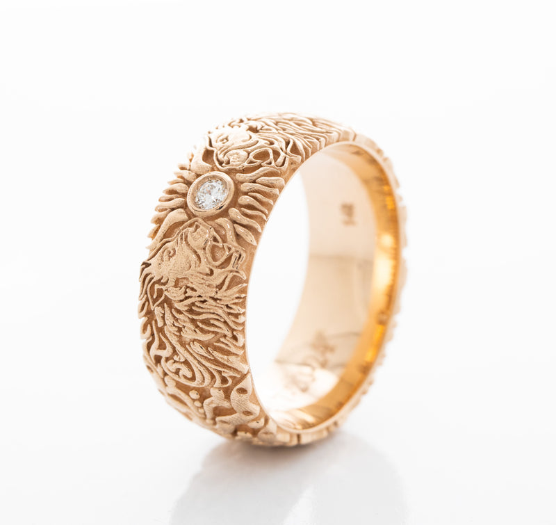 8mm Custom Made, Solid Rose Gold Ring with Medieval Style Engravings, 2 Lion Heads and Round Cut Diamond