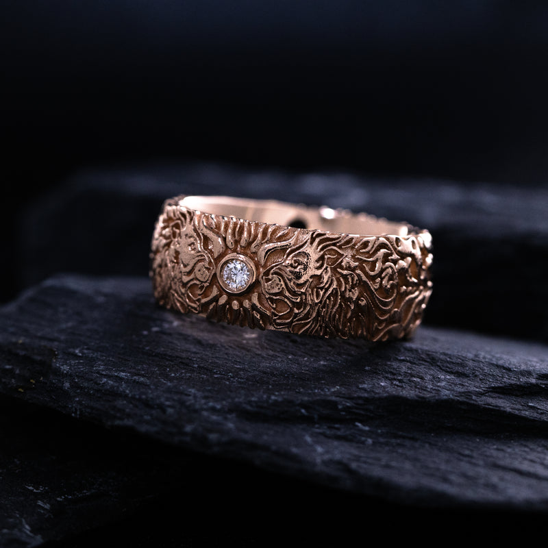 8mm Custom Made, Solid Rose Gold Ring with Medieval Style Engravings, 2 Lion Heads and Round Cut Diamond