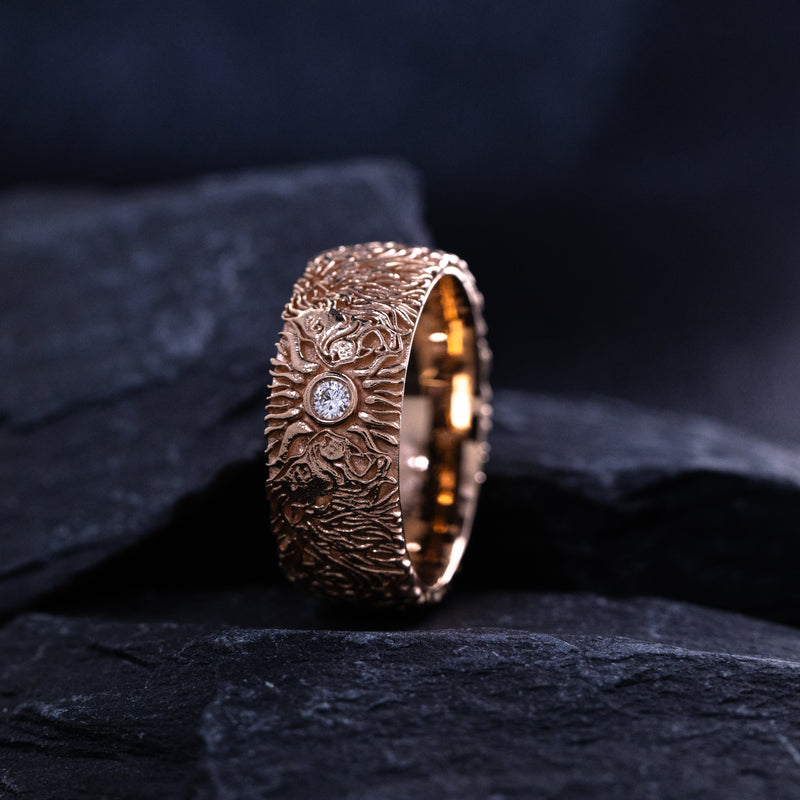 8mm Custom Made, Solid Rose Gold Ring with Medieval Style Engravings, 2 Lion Heads and Round Cut Diamond