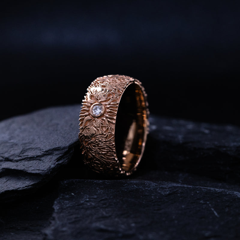 8mm Custom Made, Solid Rose Gold Ring with Medieval Style Engravings, 2 Lion Heads and Round Cut Diamond