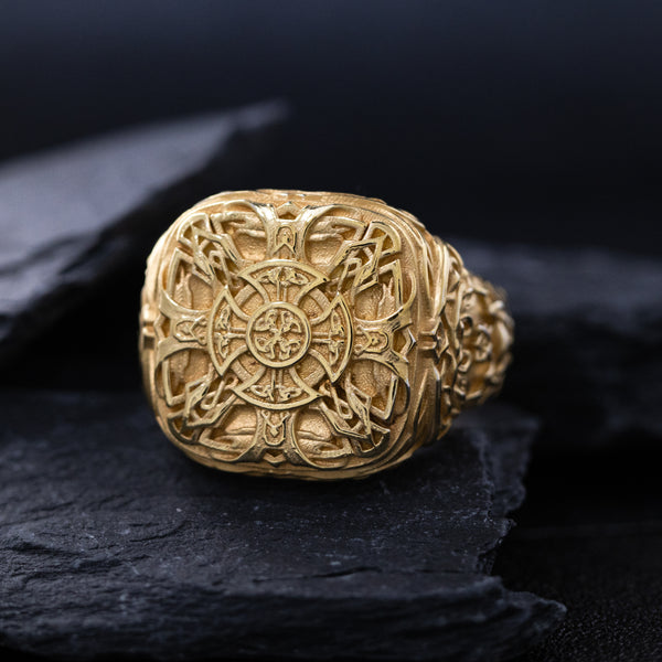 Solid 14k Yellow Gold Signet Ring with Celtic Symbols