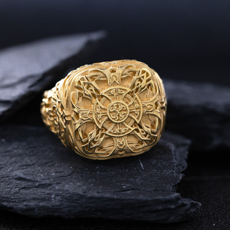 Solid 14k Yellow Gold Signet Ring with Celtic Symbols