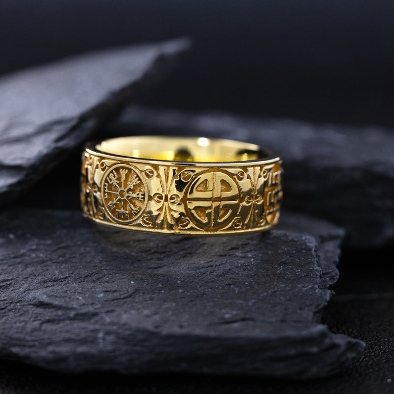 8mm Custom Made, Dome Shaped, Solid Yellow Gold Ring with Viking Symbols