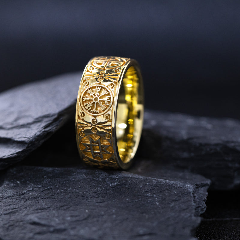 8mm Custom Made, Dome Shaped, Solid Yellow Gold Ring with Viking Symbols