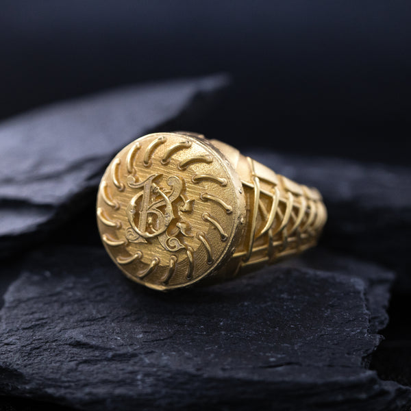 Solid 14k Yellow Gold Signet Belt Ring with Custom Monogram