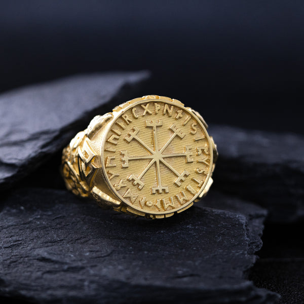 Solid 14k Yellow Gold Signet Ring with Norse Viking Symbols