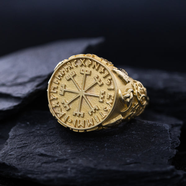 Solid 14k Yellow Gold Signet Ring with Norse Viking Symbols