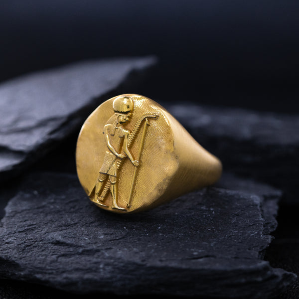 Solid 14k Yellow Gold Signet Ring with Egyptian Deity