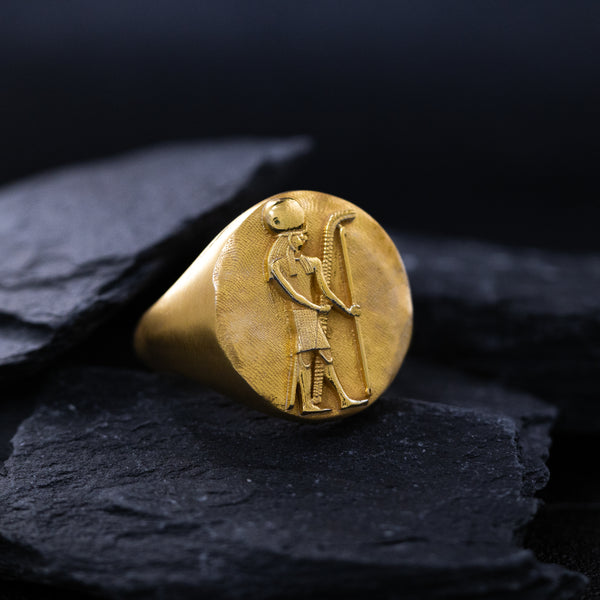 Solid 14k Yellow Gold Signet Ring with Egyptian Deity