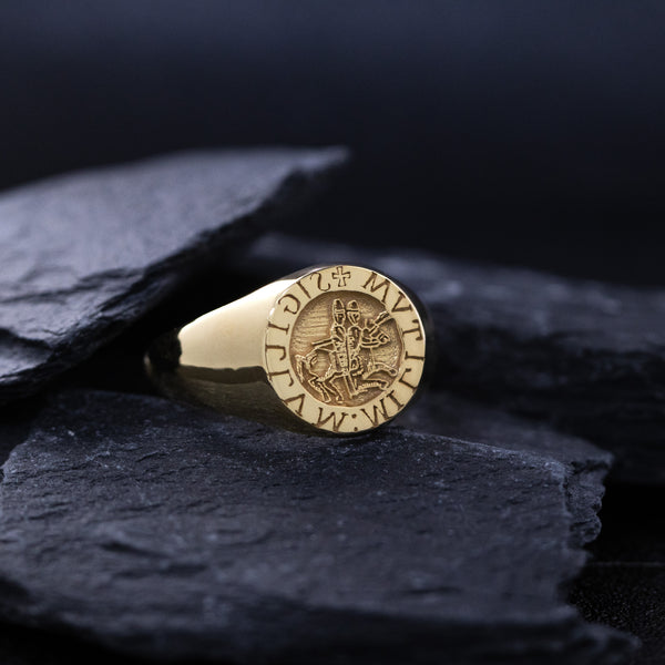 Knights Templar Wax Seal Signet Ring, 14k Solid Yellow Gold Ring with Two Knights On A Horse