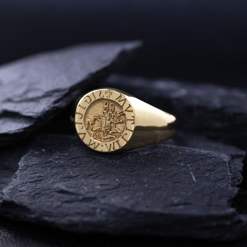 Knights Templar Wax Seal Signet Ring, 14k Solid Yellow Gold Ring with Two Knights On A Horse