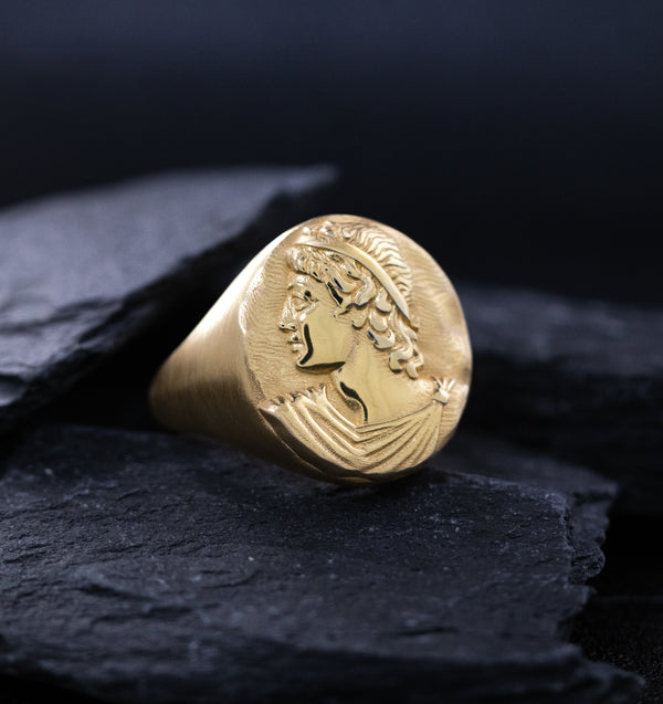 Solid 14k Yellow Gold Signet Ring with Hellenic Greek Side Profile