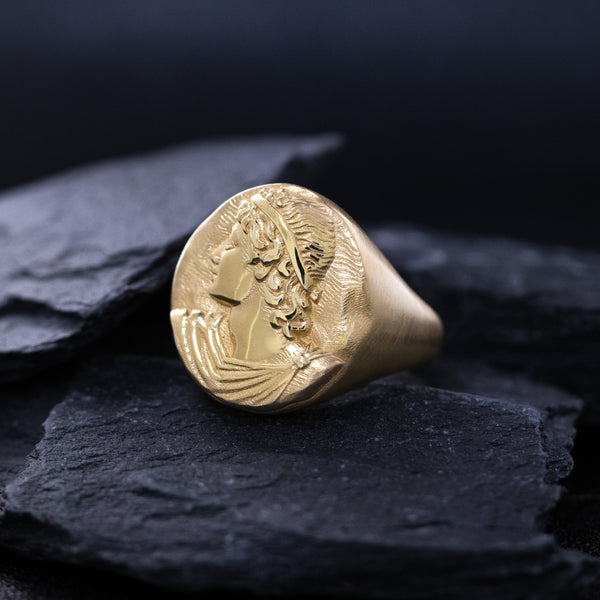 Solid 14k Yellow Gold Signet Ring with Hellenic Greek Side Profile