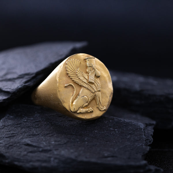 Solid 14k Yellow Gold Signet Ring with Persian Gopaitioshah