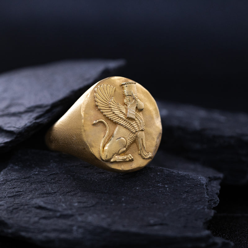 Solid 14k Yellow Gold Signet Ring with Persian Gopaitioshah