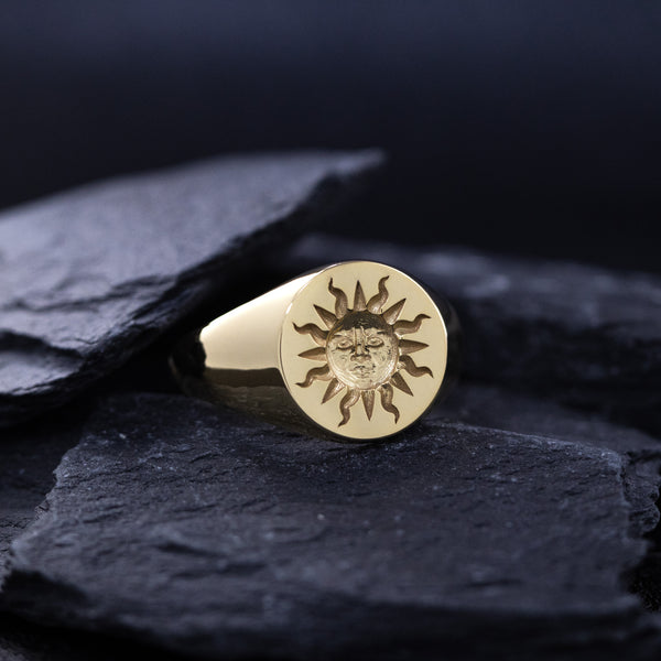 Sun Face Wax Seal Signet Ring, 14k Solid Yellow Gold Ring