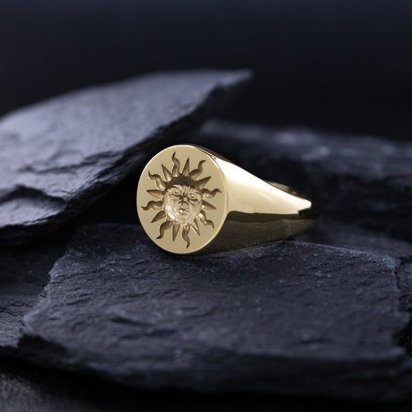 Sun Face Wax Seal Signet Ring, 14k Solid Yellow Gold Ring