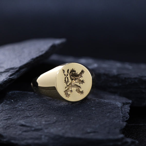 Heraldic Lion Wax Seal Signet Ring, 14k Solid Yellow Gold Ring with Medieval Lion