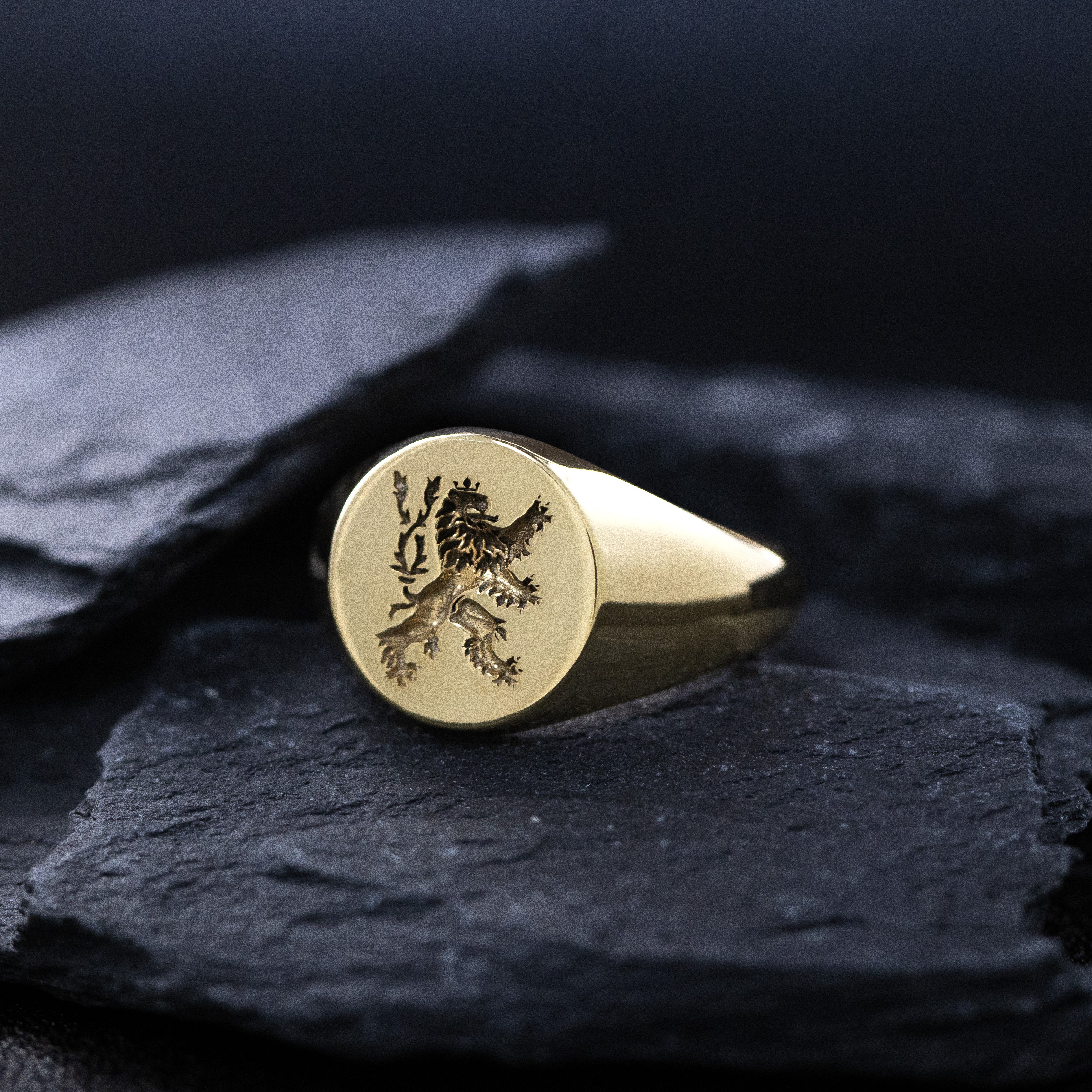 Heraldic Lion Wax Seal Signet Ring, 14k Solid Yellow Gold Ring with Medieval Lion