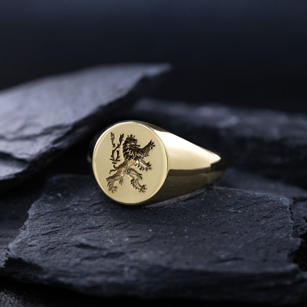 Heraldic Lion Wax Seal Signet Ring, 14k Solid Yellow Gold Ring with Medieval Lion