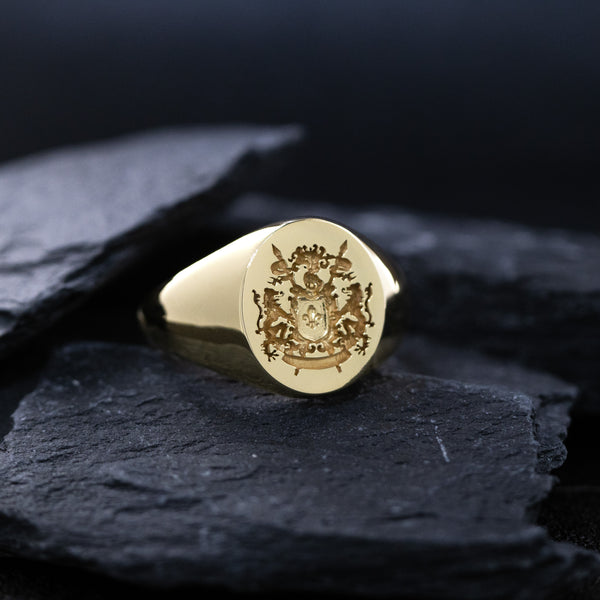 Create Your Own Family Crest Wax Seal Signet Ring, 14k Solid Yellow Gold Ring