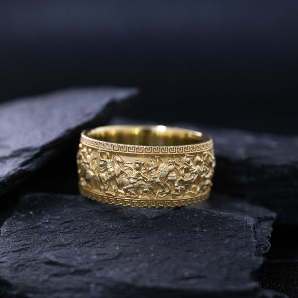 10mm Custom Made, Dome Shaped, 14k and 18k Solid Yellow Gold Ring with Alexander the Great Sarcophagus Relief