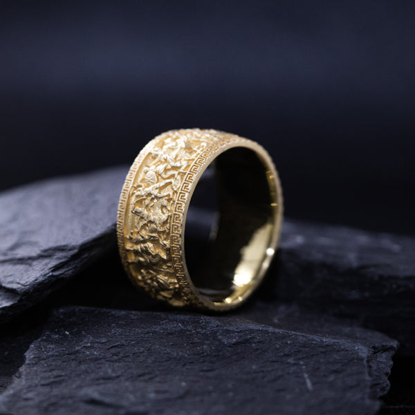 10mm Custom Made, Dome Shaped, 14k and 18k Solid Yellow Gold Ring with Alexander the Great Sarcophagus Relief