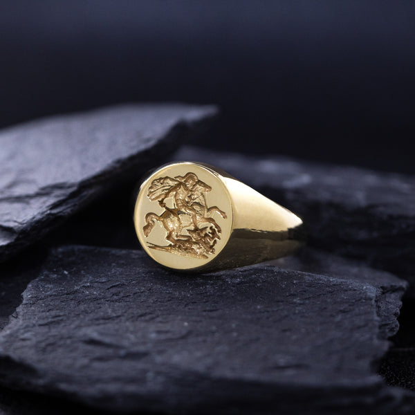 St George the Dragon Slayer, Wax Seal Signet Ring, 14k Solid Yellow Gold Ring with St George Slaying the Dragon