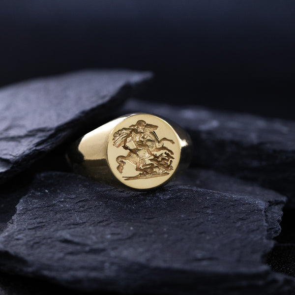 St George the Dragon Slayer, Wax Seal Signet Ring, 14k Solid Yellow Gold Ring with St George Slaying the Dragon