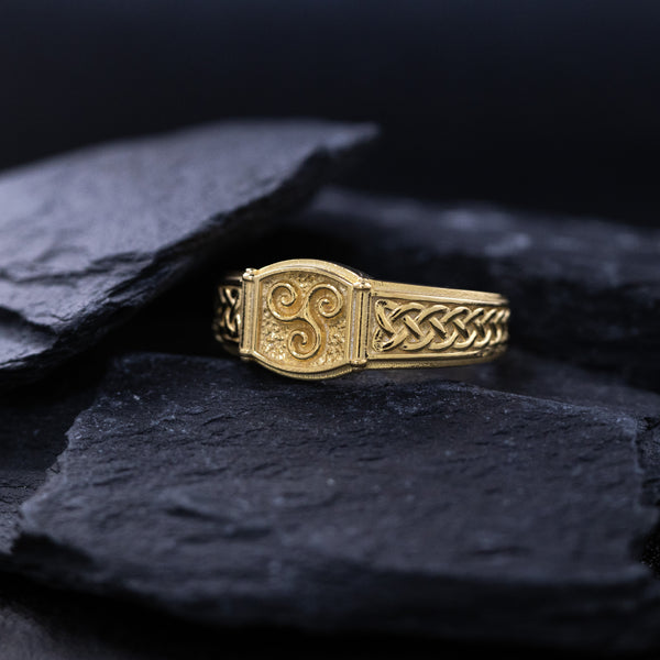 Celtic Triskelion with Braids, 14k Solid Yellow Gold Signet Ring