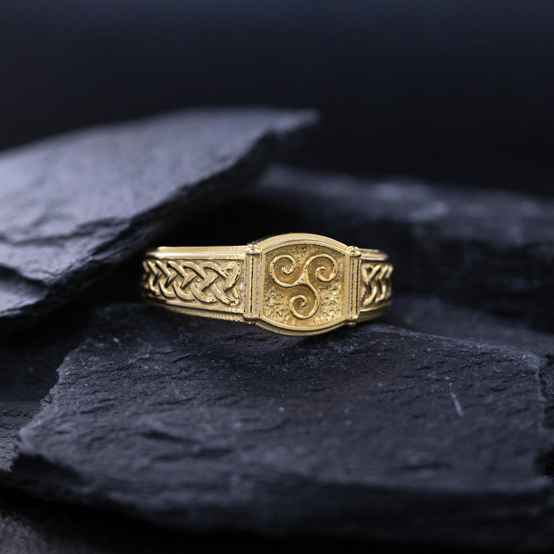 Celtic Triskelion with Braids, 14k Solid Yellow Gold Signet Ring