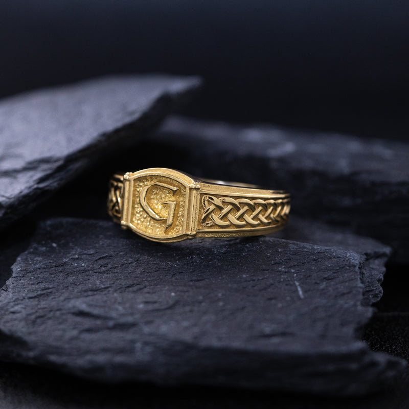 Norse Style Initial, 14k Solid Yellow Gold Signet Ring