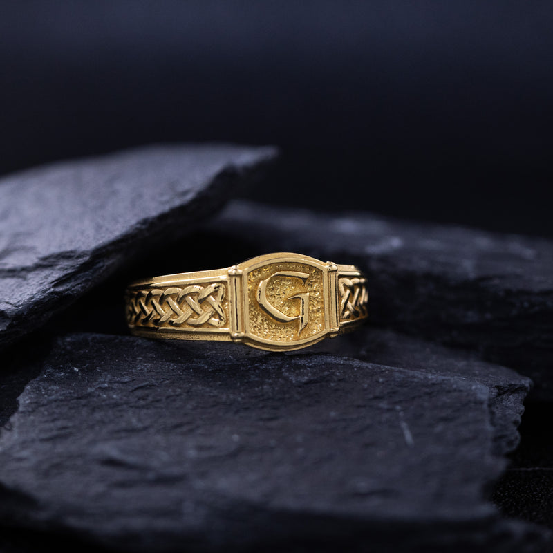 Norse Style Initial, 14k Solid Yellow Gold Signet Ring